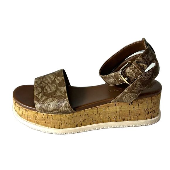 Coach Talulah Brown Signature Print Platform Ankle Strap Sandals Size 6B - Picture 3 of 15